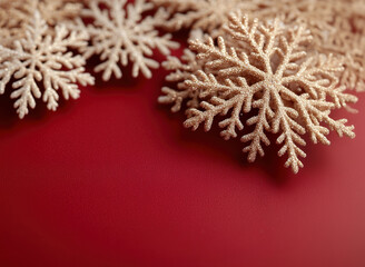 Merry Christmas, Happy New Year. Red background golden white Christmas snowflakes close up