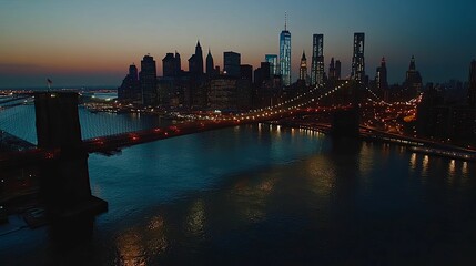 Fototapeta premium Nighttime view of Manhattan skyline and Brooklyn Bridge