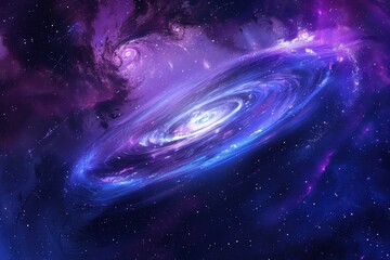Vibrant swirling spiral galaxy with glowing blue core and trailing purple dust formations in deep space.