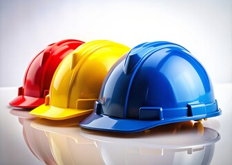 Fototapeta premium Three Colorful Hard Hats on a White Background - An Ideal Stock Photo for Construction Safety, Industrial Projects, and Occupational Health Themes