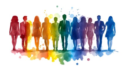 Diverse group of professionals in colorful silhouette urban setting digital art vibrant background creative concept for inclusivity