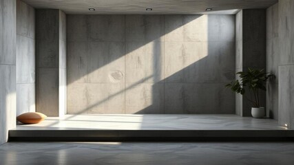 Minimalistic empty concrete room with soft lighting and subtle shadows, ideal for product presentations and interior design mockups, hotel background, concrete room, minimal