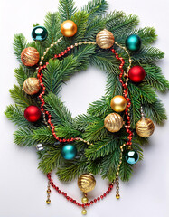 A festive Christmas garland with pine branches, colorful ornaments