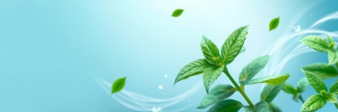 Mint leaves emitting fresh menthol aroma on blue background, modern illustration, menthol, leaves, air