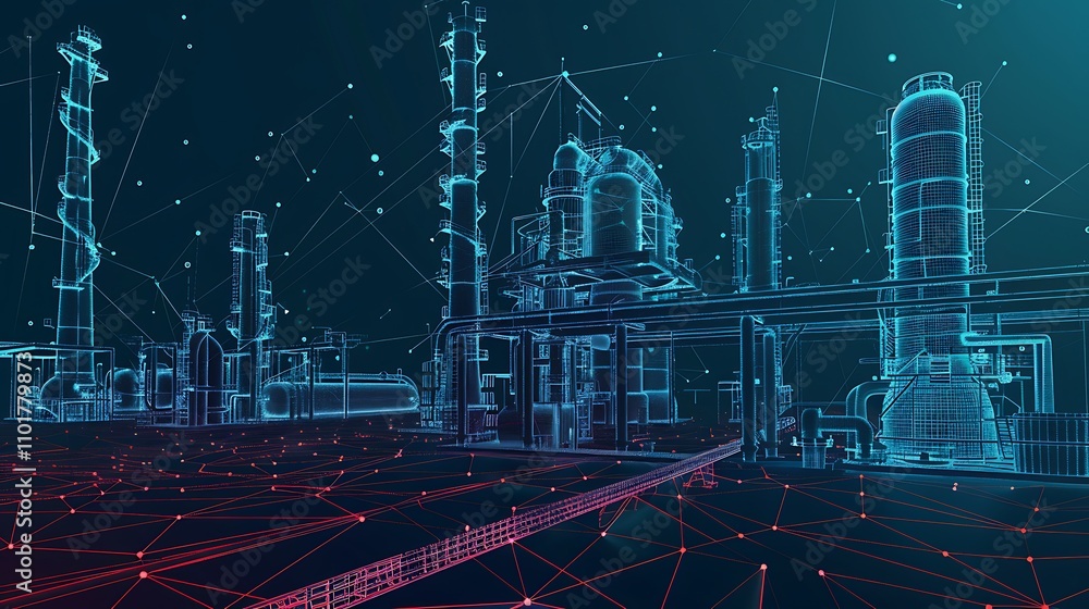 Poster a futuristic industrial complex with interconnected structures, representing advanced technology and