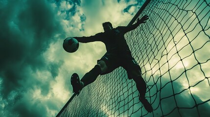 Silhouetted soccer goalie making a dramatic save against a stormy sky.
