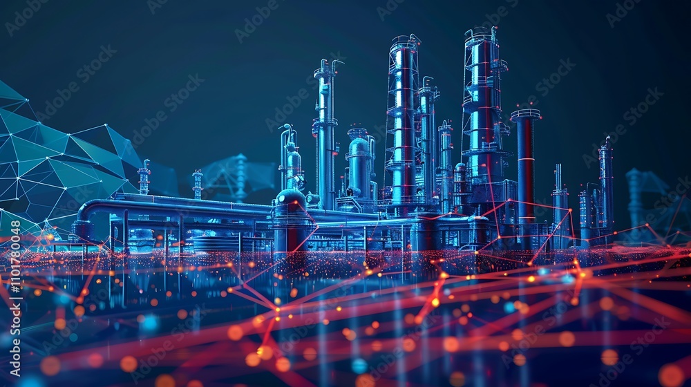 Poster a futuristic industrial complex with interconnected pipelines and towers, symbolizing advanced techn