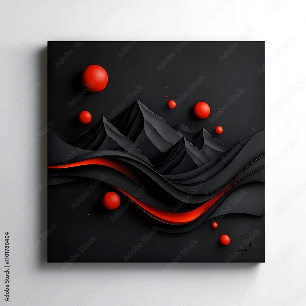 Poster Ominous abstract mountain with pulsing red orbs and flowing dramatic lines creating a captivating and mysterious atmosphere on a dark canvas backdrop