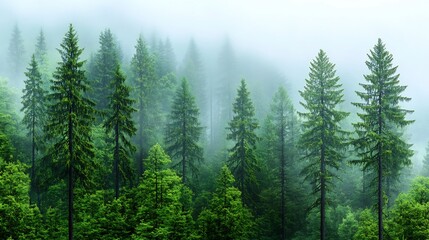 Fototapeta premium Mystical Foggy Forest Landscape with Tall Evergreen Trees and Lush Foliage