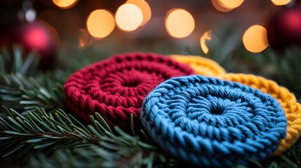 Handmade crochet coasters in red, blue and yellow wool, photographed in macro detail with Christmas pine decorations, showcasing detailed yarn patterns in warm, cozy winter atmosphere.