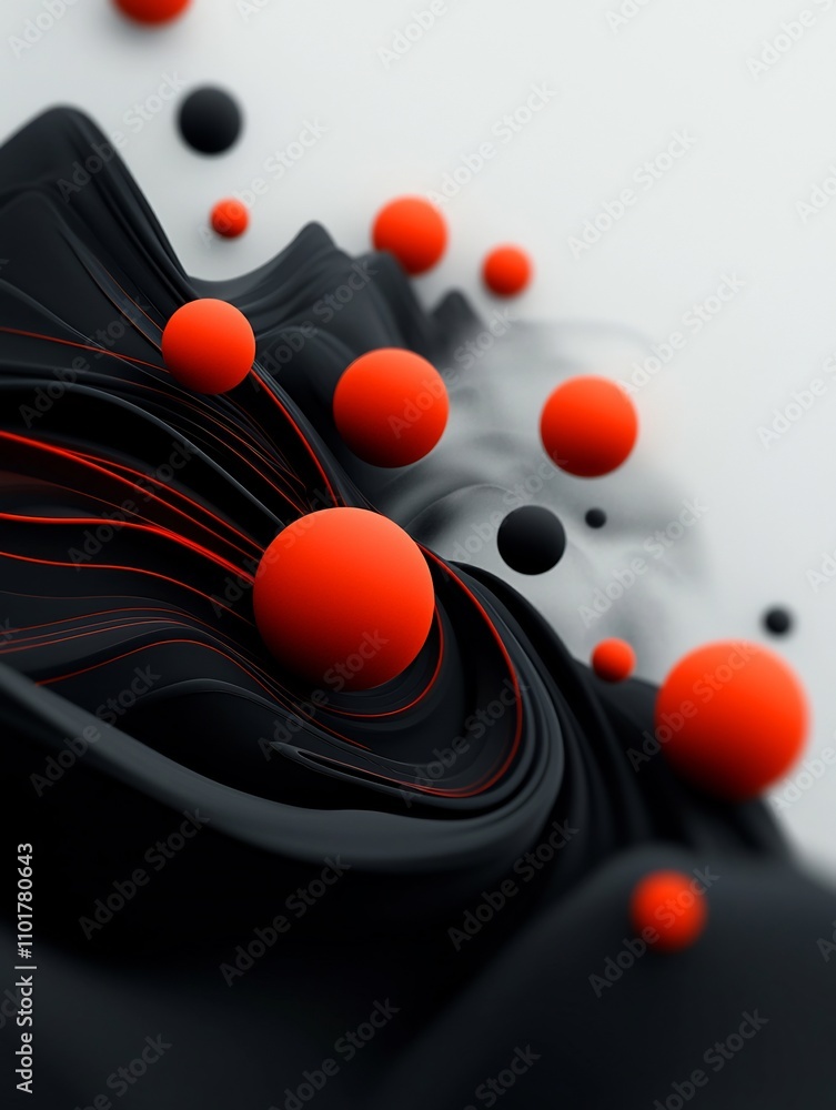 Poster shadowy mountainous landscape with vibrant red globular shapes and dynamic wave like fluid line work