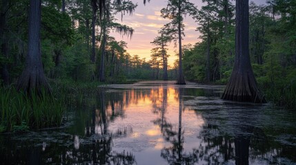 Naklejka premium Serene reflections of trees on still wetland waters at dusk, with soft orange and purple skies in the background.