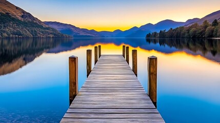 Fototapeta premium Tranquil Wooden Dock Overlooking Still Lake at Sunrise