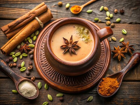 Top View of Traditional Masala Chai in a Natural Clay Cup: Capturing the Essence of Indian Culture with a Rich Blend of Spices and Aromatic Tea Served in a Kullad Pot