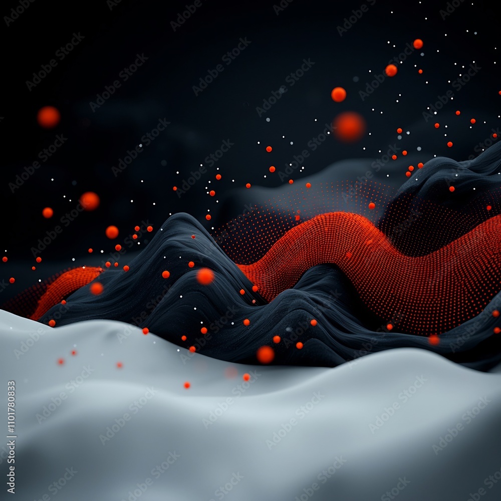 Poster dramatic abstract dark backdrop showcasing a mountainous terrain composed of a mesmerizing wave of r