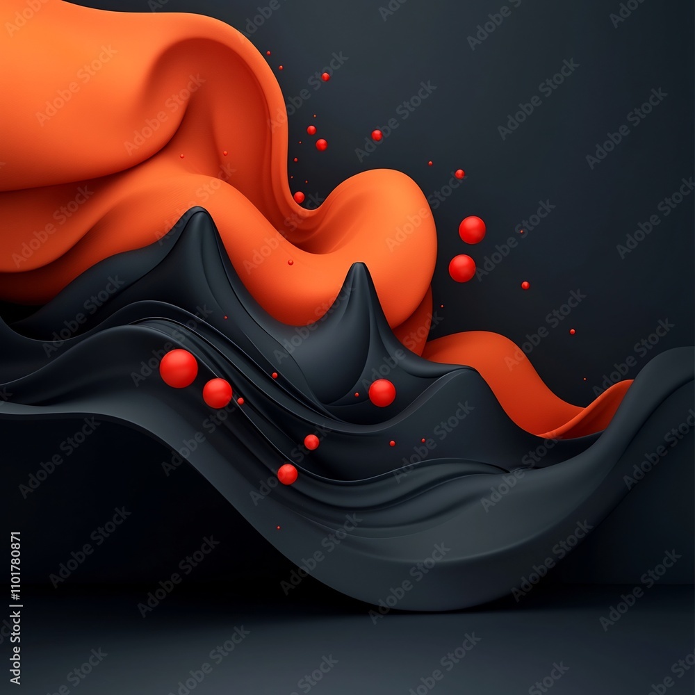 Poster dramatic abstract digital art composition featuring a dark background with pulsing red orbs and curv