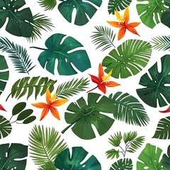 Vibrant Tropical Paradise: A Lush Seamless Pattern of Exotic Foliage and Flowers