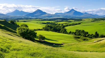 Obraz premium Picturesque Countryside Landscape with Rolling Green Meadows and Distant Mountains