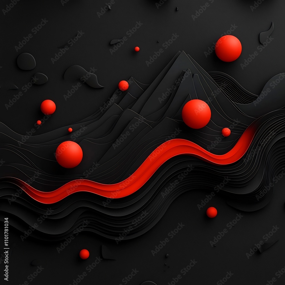 Poster ominous black canvas with pulsing red orbs and flowing lines creating a dramatic abstract mountain t