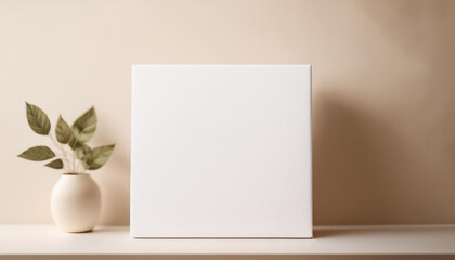 White square canvas mock-up standing, neutral beige background. Blank poster. Natural lighting.