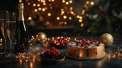 A glamorous photo of a New Year gift box beside a festive cake, champagne, and glowing decor.