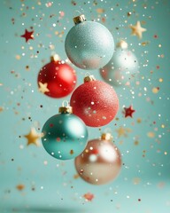 Christmas elements levitation in the air, ornaments, stars, candy and balls on green background, wallpaper card invitation concept. holiday cards