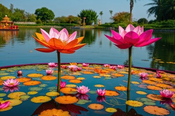 Diwali Celebration with Floating Pink and Orange Blossoms in a Glowing Pond