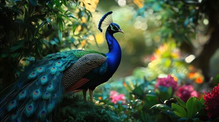 Fototapeta premium Majestic Peacock Amidst Lush Tropical Foliage