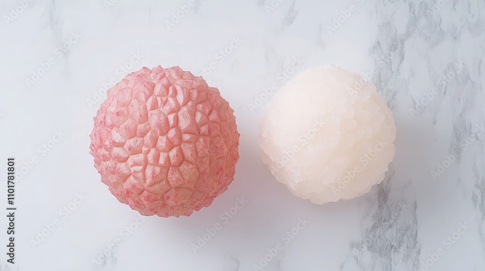 Poster aesthetic close-up of textured pink and white round spheres on marble surface, capturing the intrica