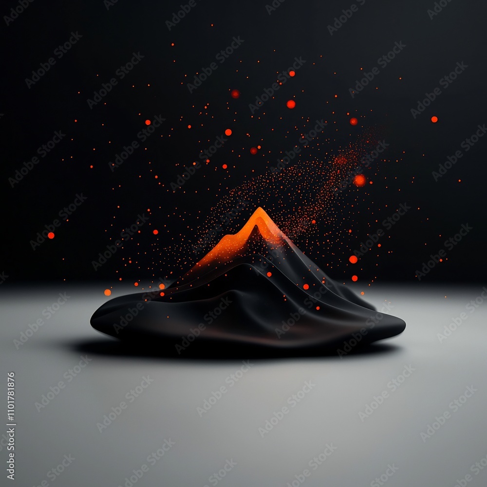 Poster mysterious and elegant abstract mountain range formed by flickering red dots in a dark minimalist sp