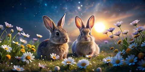 Two Adorable Little Rabbits Relaxing Amidst Daisies in a Beautiful Outdoor Setting, Capturing Nature's Charm and Innocence in Candid Photography