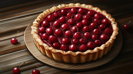 Delicious Cherry Pie on Wooden Table