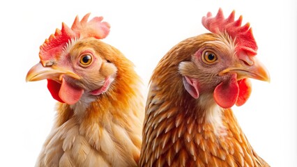 Fototapeta premium Two Curious Chickens in Closeup on White Background with Copy Space for Text or Branding, Perfect for Farm or Poultry Related Projects
