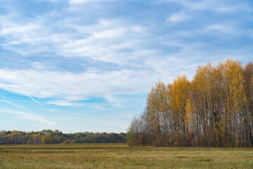 autumn landscape with river, road and clouds in the blue sky
