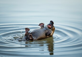 Fototapeta premium Otter playfully floating with open mouth on calm water surface