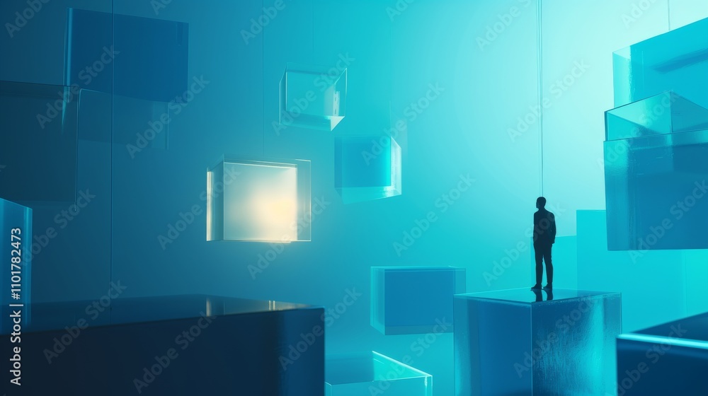 Poster a single person stands in a futuristic environment of glowing, floating cubes illuminated by a soft 