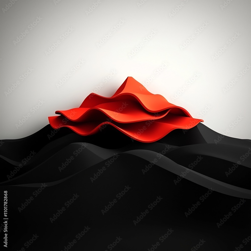 Poster a captivating digital artwork featuring a mysterious black space with undulating red geometric forms