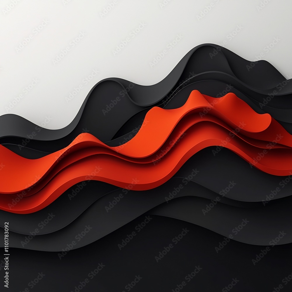 Poster mesmerizing geometric silhouette of undulating red mountainous forms in black minimalist space 3d co