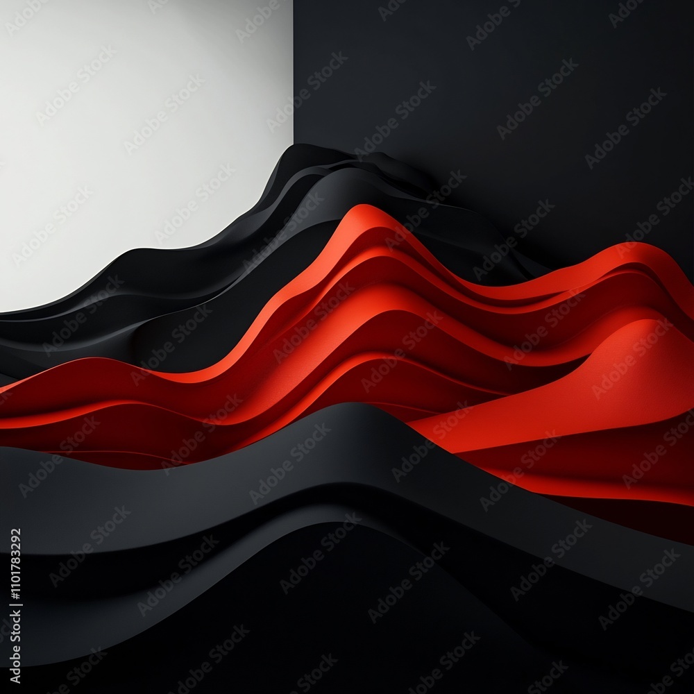 Poster mesmerizing geometric mountainscape in contrasting tones undulating red forms create a hypnotic surr