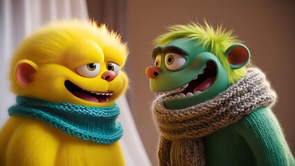 Two adorable animated creatures, one yellow and one green,  dressed in cozy scarves, share a friendly moment.  Their playful expressions and textured fur create a heartwarming scene.