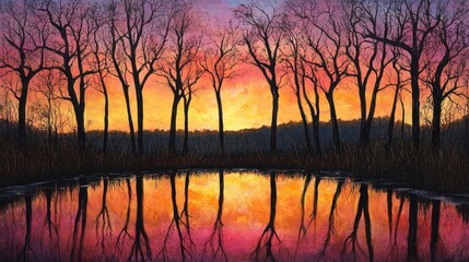 Tranquil scene of silhouetted trees mirrored in a wetland pool, bathed in the warm hues of sunset.