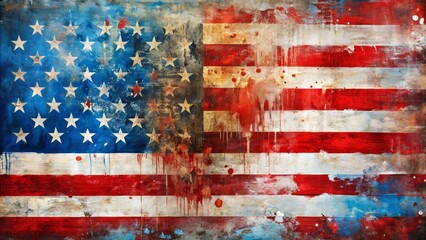Vibrant Abstract Painting of the American Flag with Dynamic Red and Blue Paint Splashes, Showcasing Artistic Expression and National Pride in a Unique Perspective