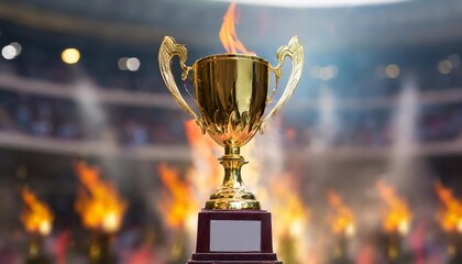 A Stunning Winner Trophy with Dynamic Flames and Vibrant Blurred Background, Capturing the Spirit of Victory and Excellence in a High-Resolution Image Perfect for Celebrations and