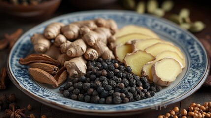 Here's a description and keywords for your image.. Fresh ginger root, sliced ginger, and black peppercorns on a plate.