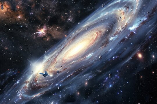 Spaceship in a Colorful Spiral Galaxy
