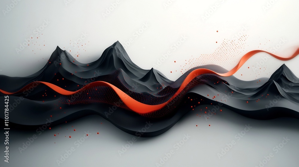Poster moody abstract landscape with a wave like pattern of vibrant red dots and fluid lines across a mount