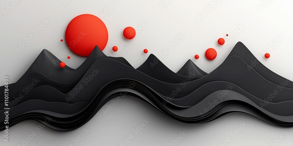 Poster transcendent abstract landscape featuring a shadowy mountainous backdrop with scattered circular red