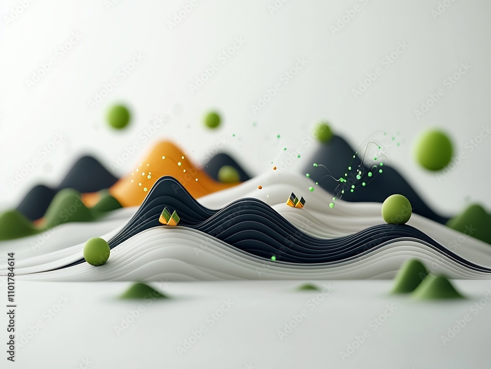 Poster dreamlike and surreal 3d visualization of a mountainous landscape with oscillating lines glowing gre
