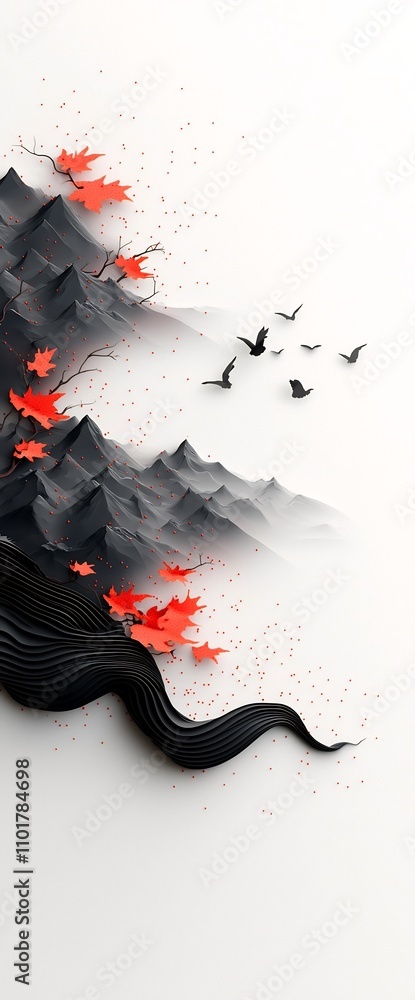 Poster transcendent abstract mountainous landscape with shadowy tones crimson dots and dynamic wave like pa