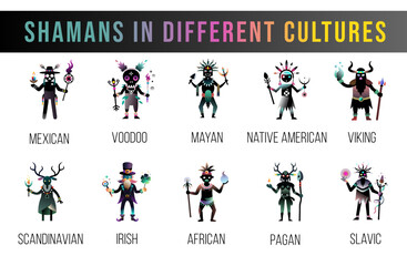 Vector set of shaman characters in different cultures, colorful design